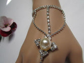 Silver Metal Hand Chain Bracelet Imitation Pearl Cream Beads